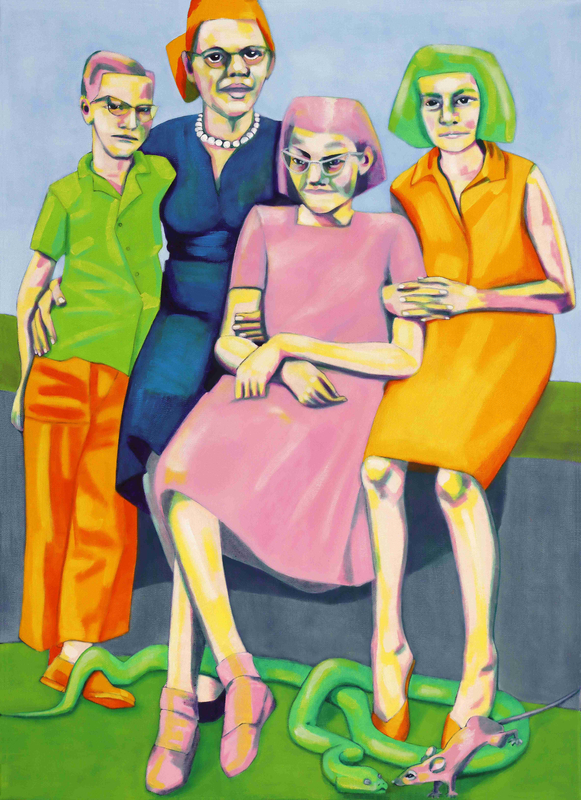 Drawing of a family of four with a mouse and snake on the ground in bright colors and contrasts