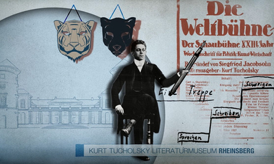 Collage: Tucholsky zeigt auf das Cover der Weltbühne. Dahinter eine Tiger- und eine Panter-Maske.
