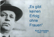 Magnet mit Tucholsky-Portrait und Zitat in blauer Schrift.